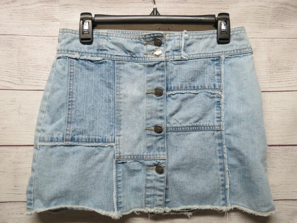 Vintage Extreme Limit Short Denim Skirt Patchwork Button Up Size 9 Y2K 90s